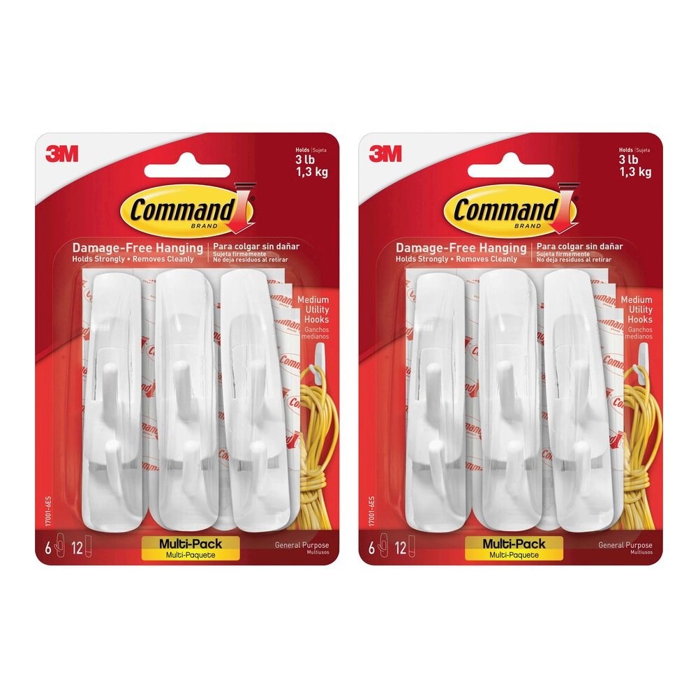 Command Medium Utility Hooks with Adhesive Strips - 3 lb (1.36 kg) Capacity - for Paint, Wood, Tile - White - 2 / Bag. Picture 3