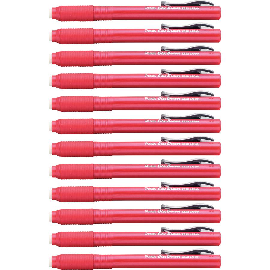Pentel Rubber Grip Clic Eraser - Red Barrel - Pen - Refillable - 12 / Box - Retractable, Latex-free Grip, Pocket Clip, Ghost Resistant, Non-abrasive. Picture 2