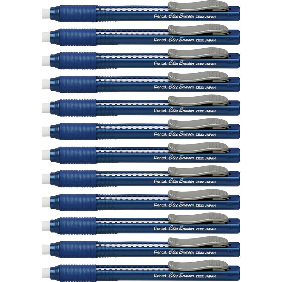 Pentel Rubber Grip Clic Eraser - Blue Barrel - Pen - Refillable - 12 / Box - Retractable, Latex-free Grip, Pocket Clip, Ghost Resistant, Non-abrasive. Picture 2