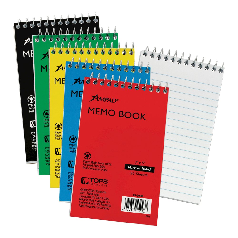 Ampad Topbound Memo Notebooks - 50 Sheets - Wire Bound - 3" x 5" Sheet Size - White Paper - Assorted Pressboard Cover - Rigid, Mediumweight - Recycled - 5 / Bundle. Picture 4