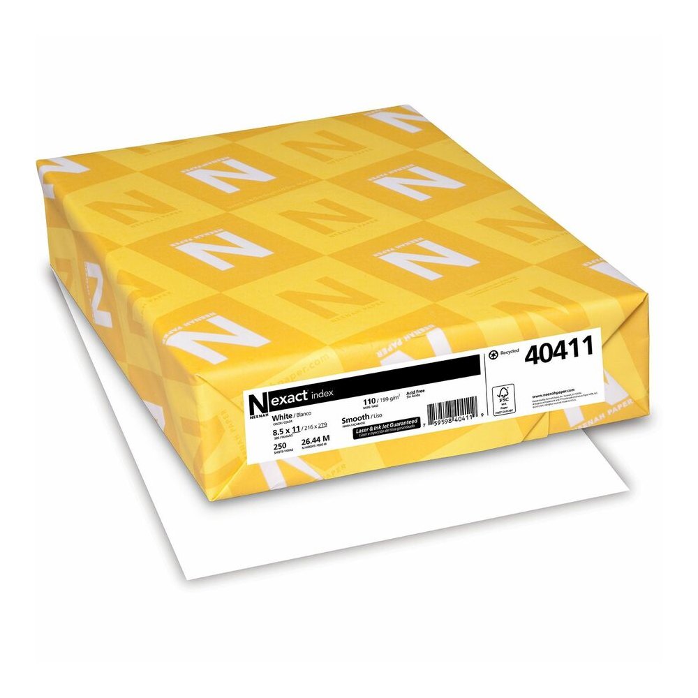 Neenah Index Paper - White - 94 Brightness - Letter - 8 1/2" x 11" - 110 lb Basis Weight - Smooth - Durable, Acid-free - White - 250/Pack - 2 / Bundle. Picture 4