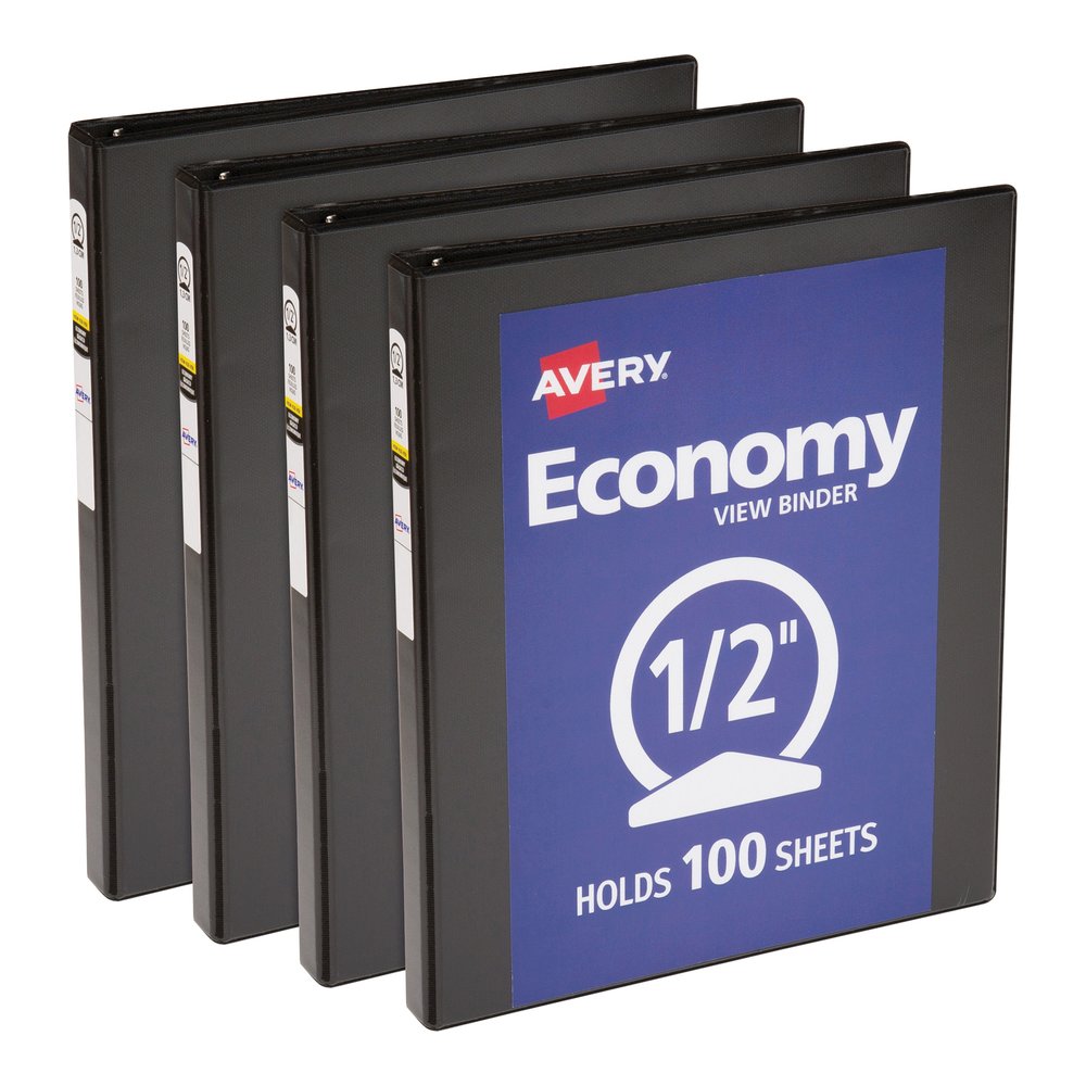 Avery&reg; Economy View Binder - 1/2" Binder Capacity - Letter - 8 1/2" x 11" Sheet Size - 100 Sheet Capacity - 3 Ring - Fastener: Round Ring - Pocket: 2, Internal - Vinyl, Chipboard - Black - 1 lb - . Picture 2