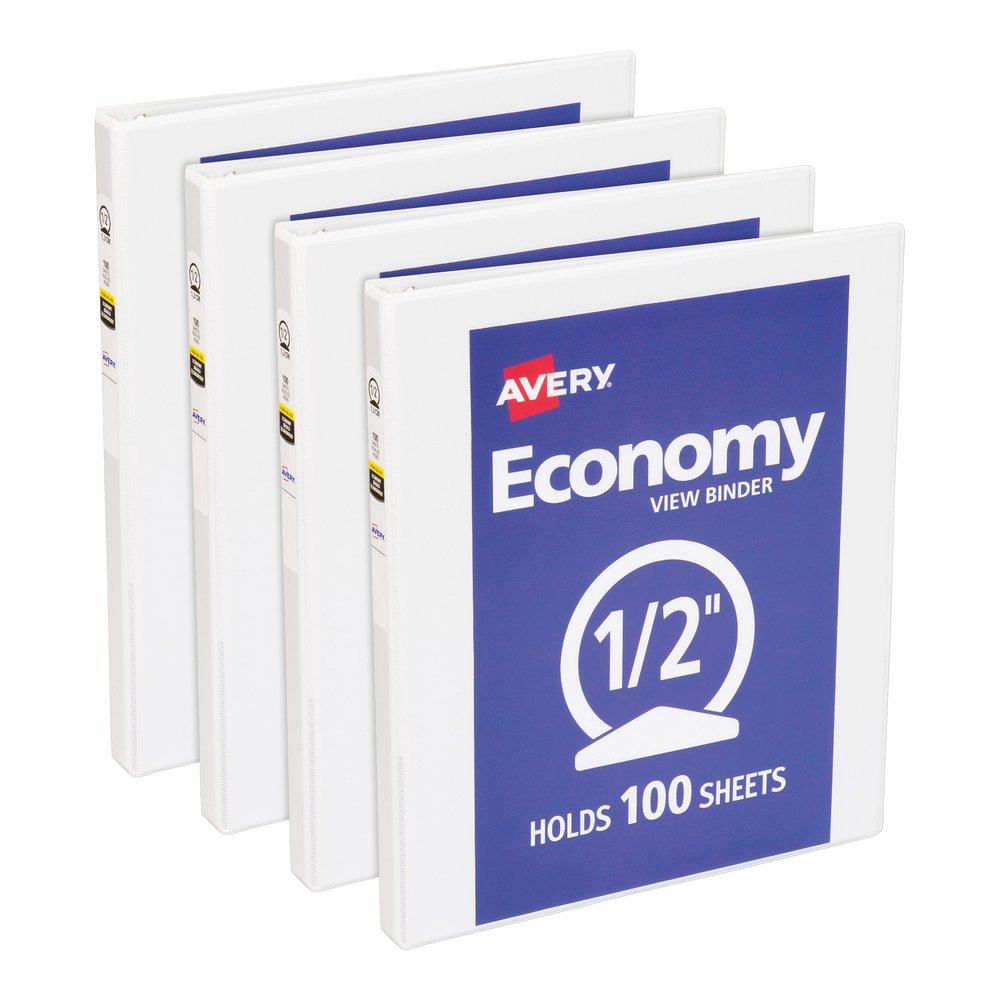 Avery&reg; Economy View Binder - 1/2" Binder Capacity - Letter - 8 1/2" x 11" Sheet Size - 100 Sheet Capacity - 3 Ring - Fastener: Round Ring - Pocket: 2, Internal - Vinyl, Chipboard - White - 13.12 l. Picture 5