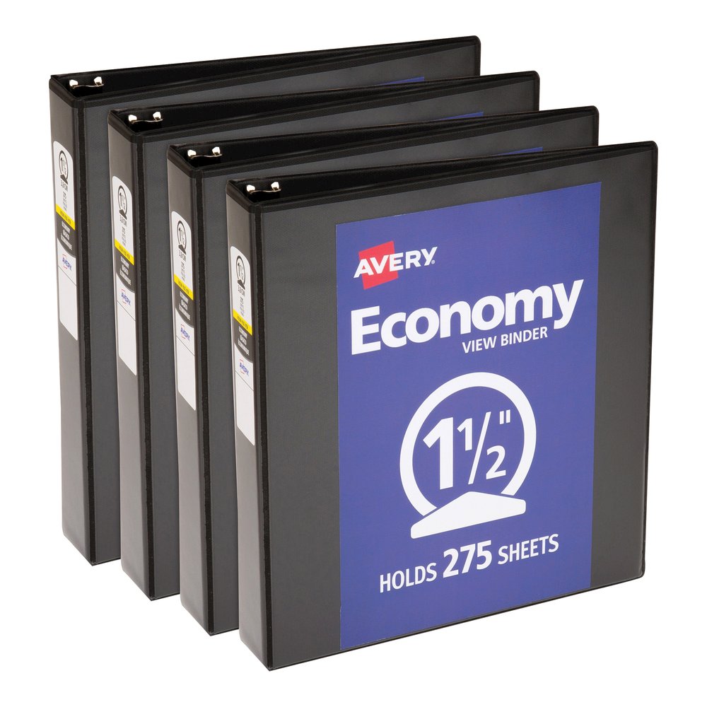 Avery&reg; Economy View Binder - 1 1/2" Binder Capacity - Letter - 8 1/2" x 11" Sheet Size - 275 Sheet Capacity - 3 Ring - Fastener: Round Ring - Pocket: 2, Internal - Vinyl, Chipboard - Black - Gap-f. Picture 3