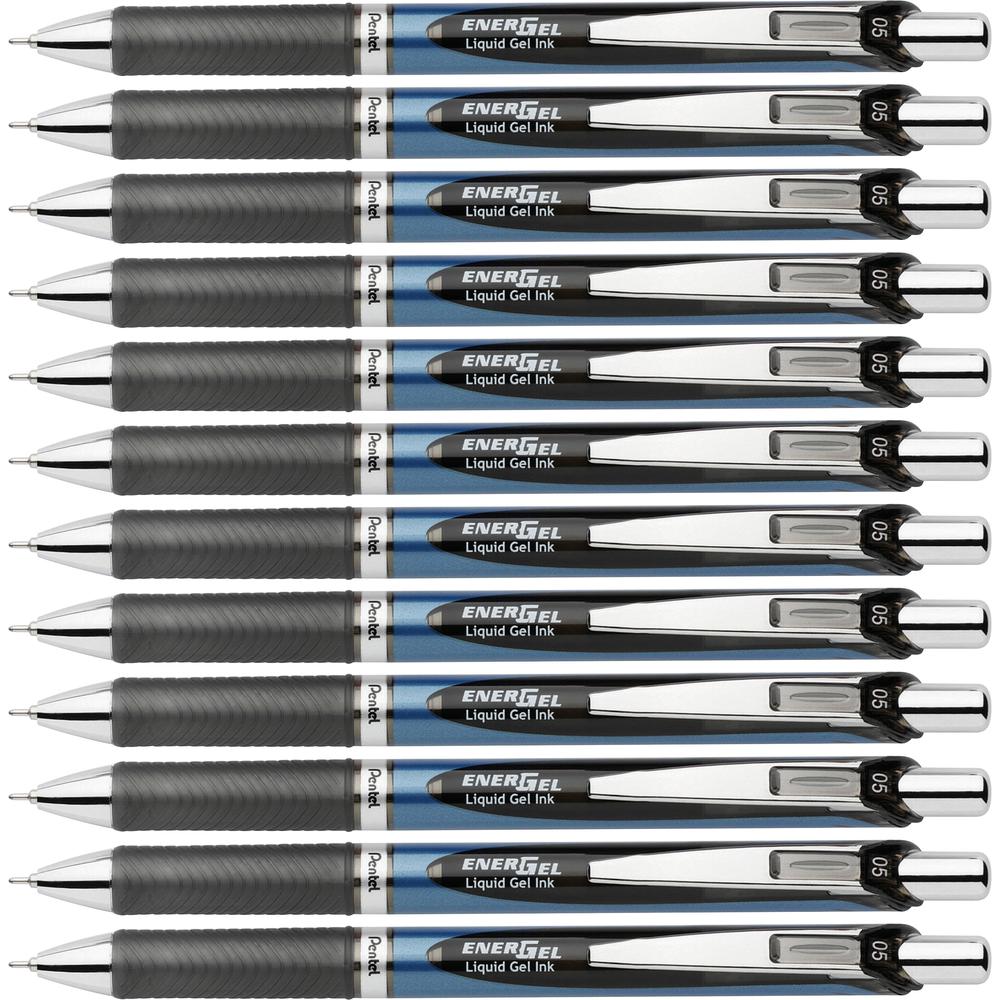 EnerGel EnerGel RTX Liquid Gel Pens - Refillable - Retractable - Black Ink - Gel-based - Blue Barrel - Stainless Steel Tip - 12 / Box. Picture 3