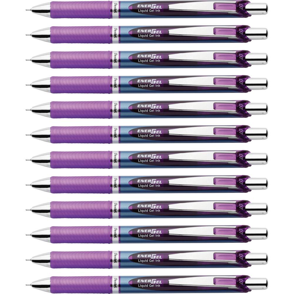 EnerGel EnerGel RTX Liquid Gel Pens - Refillable - Retractable - Violet Ink - Gel-based - Blue Barrel - Stainless Steel Tip - 12 / Box. Picture 3