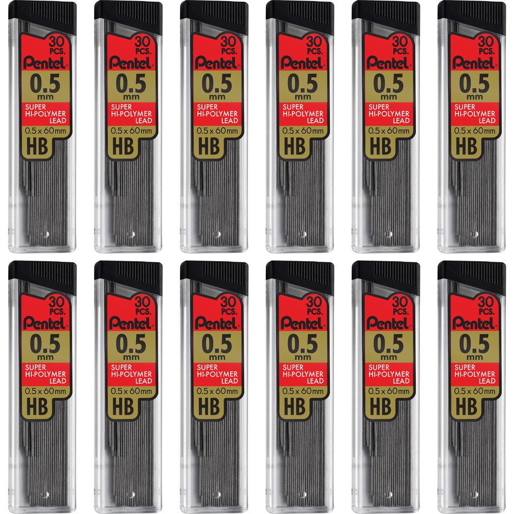 Pentel Super Hi-Polymer Leads - 0.5 mm , Fine Point - HB - Black Lead - 30/Tube - 12 / Box. Picture 2