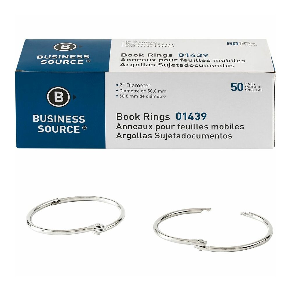 Business Source Standard Book Rings - 2" Diameter - Silver - Nickel Plated - 50 / Box. Picture 4