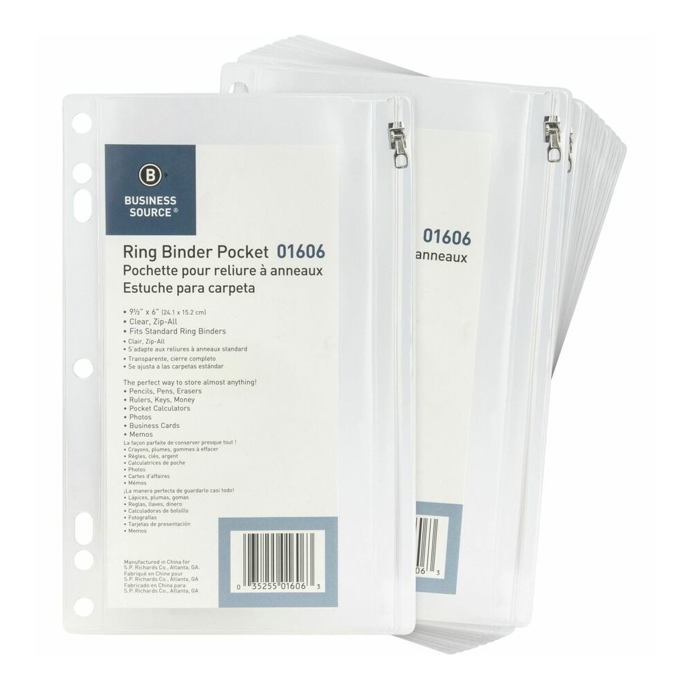 Business Source Punched Economy Binder Pocket - 9.5" Height x 6" Width - 7 x Holes - Ring Binder - Clear - Plastic - 24 / Box. Picture 5
