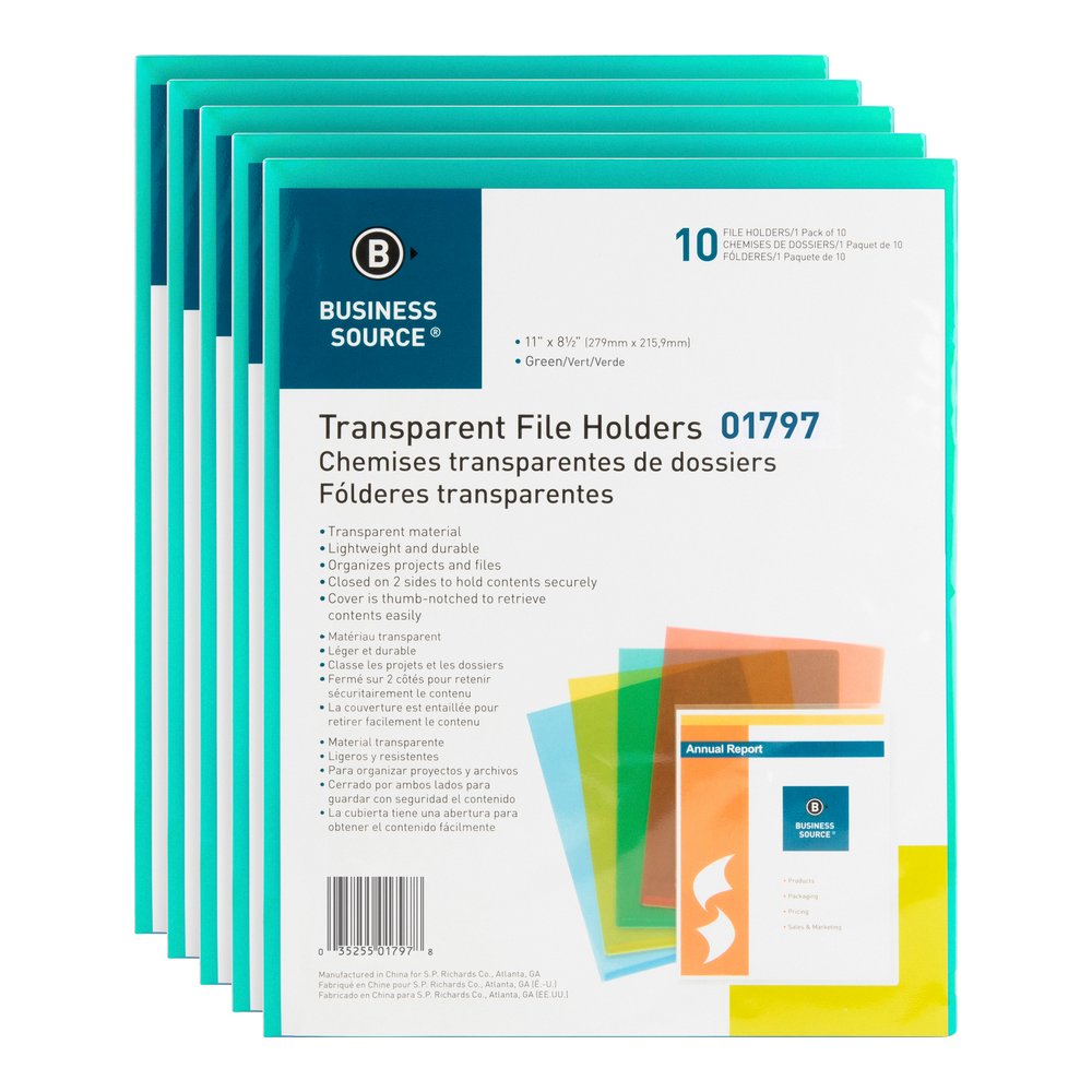 Business Source Letter File Sleeve - 8 1/2" x 11" - 20 Sheets Capacity - Green - Water Resistant, Transfer Safe, Lightweight, Transparent - 10/Pack - 5 / Box. Picture 8