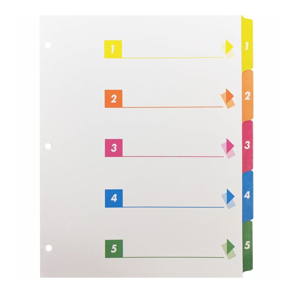 Business Source Color-coded Table of Contents/Tabs Index Dividers - Printed Tab(s) - Digit - 1-5 - 5 Tab(s)/Set - 3 Hole Punched - White Divider - Multicolor Mylar Tab(s) - 1 Box. Picture 6