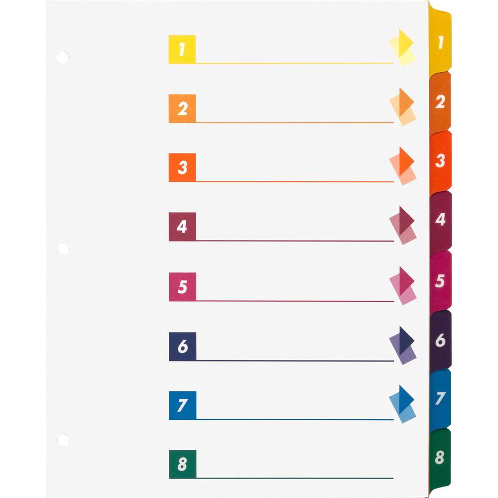 Business Source Color-coded Table of Contents/Tabs Index Dividers - Printed Tab(s) - Digit - 1-8 - 8 Tab(s)/Set - 3 Hole Punched - White Divider - Multicolor Mylar Tab(s) - Tear Resistant, Reinforced,. Picture 2