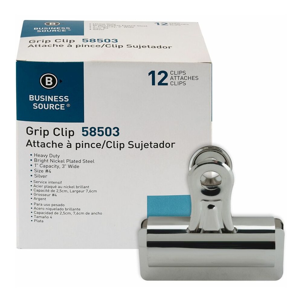 Business Source Bulldog Grip Clips - No. 4 - 3" Width - for Paper - Heavy Duty - Silver - 12 / Box. Picture 6