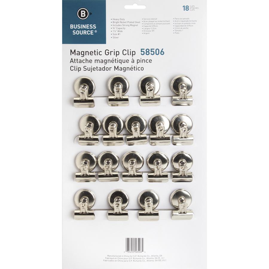 Business Source Magnetic Grip Clips Pack - No. 1 - 1.3" Width - for Paper - Magnetic, Heavy Duty - Silver - 18 / Box. Picture 5