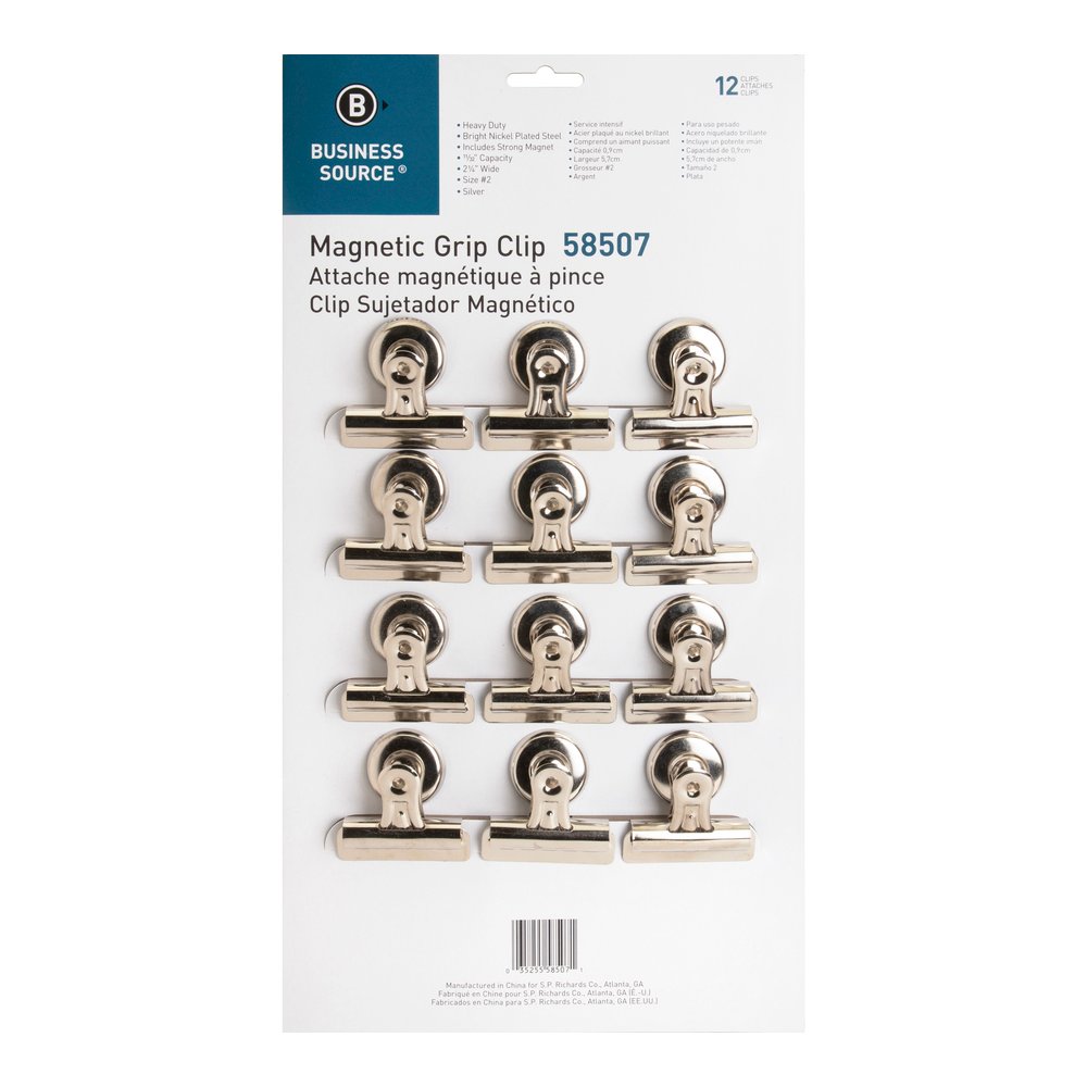 Business Source Magnetic Grip Clips Pack - No. 2 - 2.3" Width - for Paper - Magnetic, Heavy Duty - Silver - 12 / Box. Picture 5