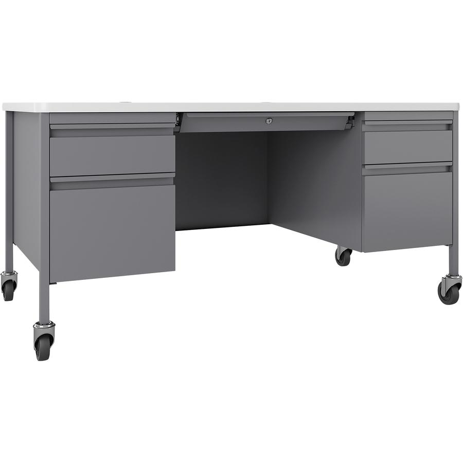 Lorell Fortress Series Mobile Double-Pedestal Teachers Desk - 29.5" Height x 60" Width x 30" Depth - Double Pedestal - T-mold Edge - Finish: Gray - 1 Each. Picture 7