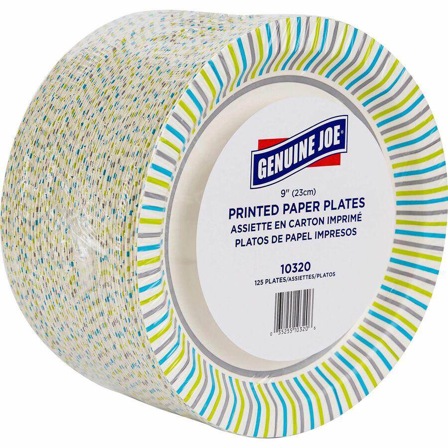 Genuine Joe 9" Printed Paper Plates - Disposable - 9" Diameter - Assorted - 125 / Pack. Picture 9