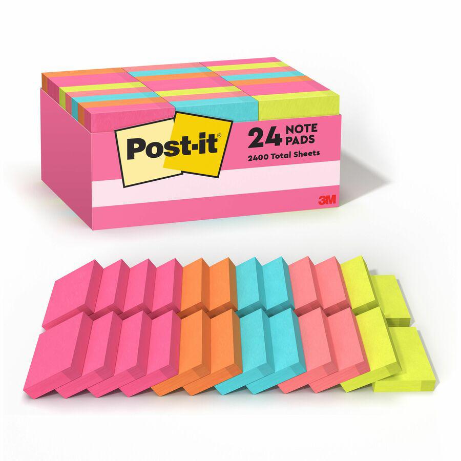 Post-it&reg; Notes Value Pack - 1 1/2" Flag/Note Width x 2" Flag/Note Length - Rectangle - 100 Sheets per Pad - Power Pink, Acid Lime, Aqua Splash, Vital Orange, Guava - Self-stick, Recyclable - 24 / . Picture 6