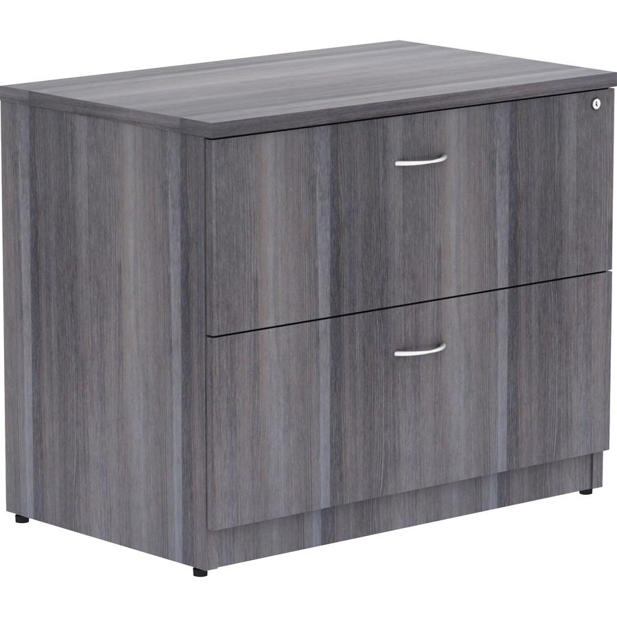 Lorell Essentials Series Lateral File - 29.5" Height x 35" Width x 22" Depth, 1" Thickness Top - Total Drawer(s): 2 - Finish: Weathered Charcoal, Laminate - Durable, Ball Bearing Glide, Locking System. Picture 11