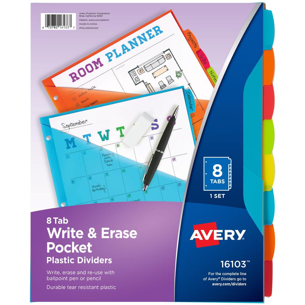 Avery Write & Erase Durable Plastic Dividers with Pocket - 8 x Divider(s) - 8 Write-on Tab(s) - 8 Tab(s)/Set - 9.3" Divider Width x 11.25" Divider Length - 3 Hole Punched - Multicolor Plastic Divider . Picture 2