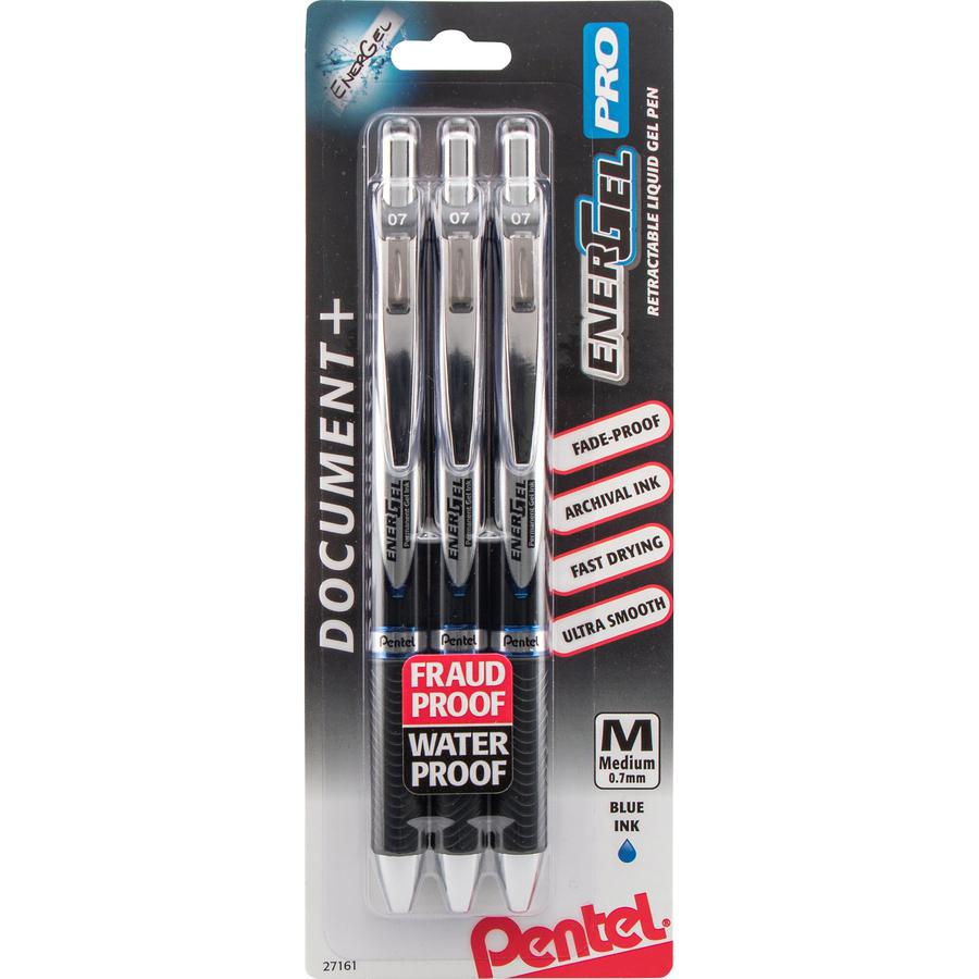 EnerGel PRO Retractable Liquid Gel Ink Pens - Refillable - Retractable - Blue Ink - Gel-based - Black Stainless Steel Barrel - Metal Tip - 3 / Pack. Picture 3