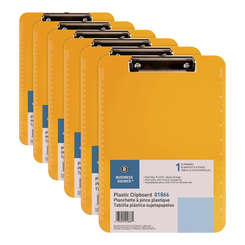 Business Source Flat Clip Clipboard - 9" x 12" Sheet Size - Plastic - Neon Orange - 6 / Bundle. Picture 7