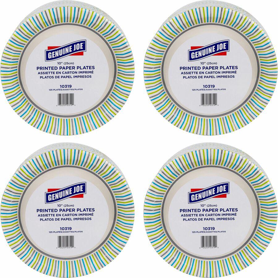 Genuine Joe 10" Printed Paper Plates - Disposable - 10" Diameter - Assorted - 125/Pack - 4 / Carton. Picture 12