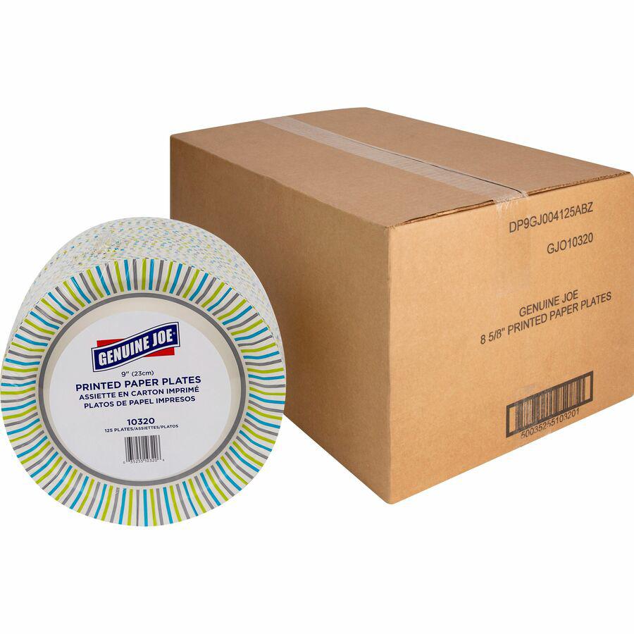 Genuine Joe 9" Printed Paper Plates - Disposable - 9" Diameter - Assorted - 125/Pack - 4 / Carton. Picture 12