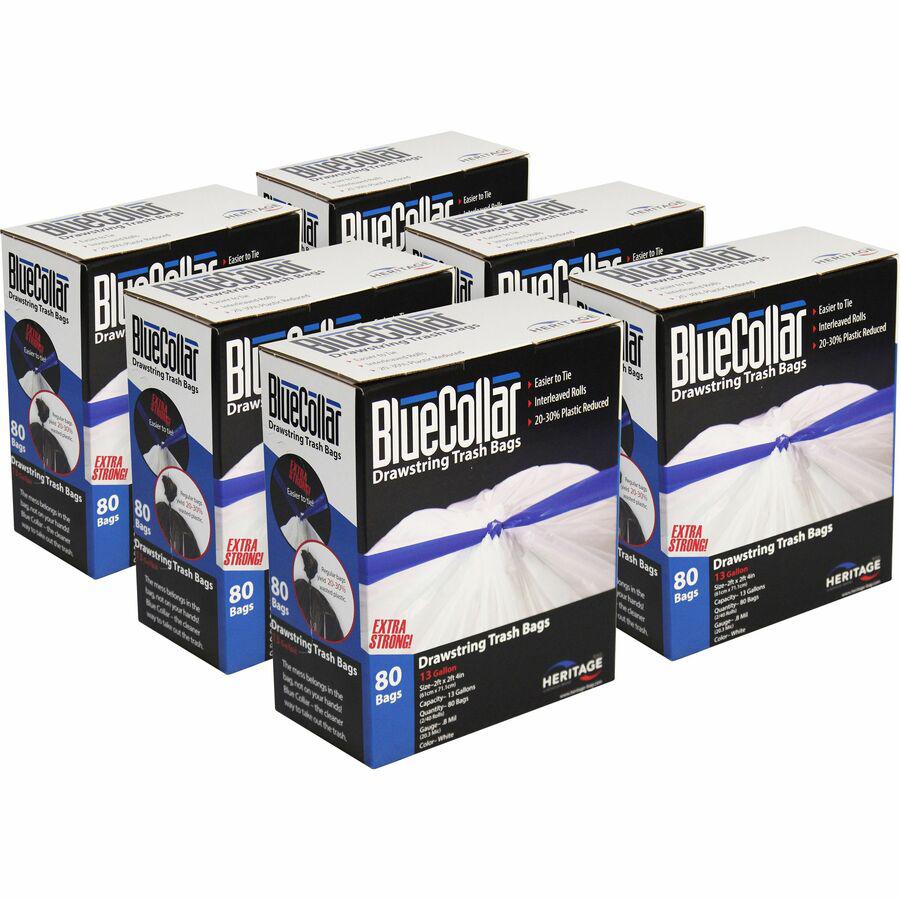 BlueCollar 13-gallon Drawstring Trash Bags - 13 gal Capacity - 28" Length x 24" Width x 0.80 mil (20 Micron) Thickness - Drawstring Closure - White - Garbage - 80/Box - 6 / Carton. Picture 4