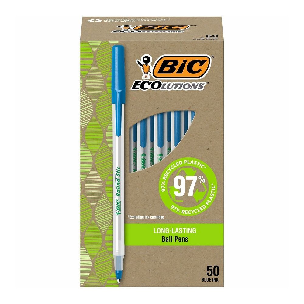 BIC Ecolutions Round Stic Ball Point Pen - Blue Ink - Semi Clear Barrel - 50 / Box. Picture 3