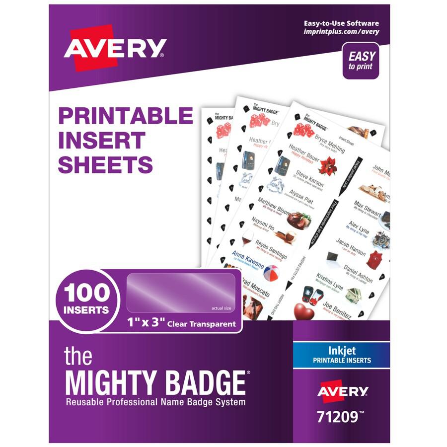 The Mighty Badge&reg; The Mighty Badge Printable Insert Sheets, 100 Clear Inserts, Inkjet - 1" x 3" - 100 / Pack - Printable, Non-adhesive, Reusable - Clear. Picture 2