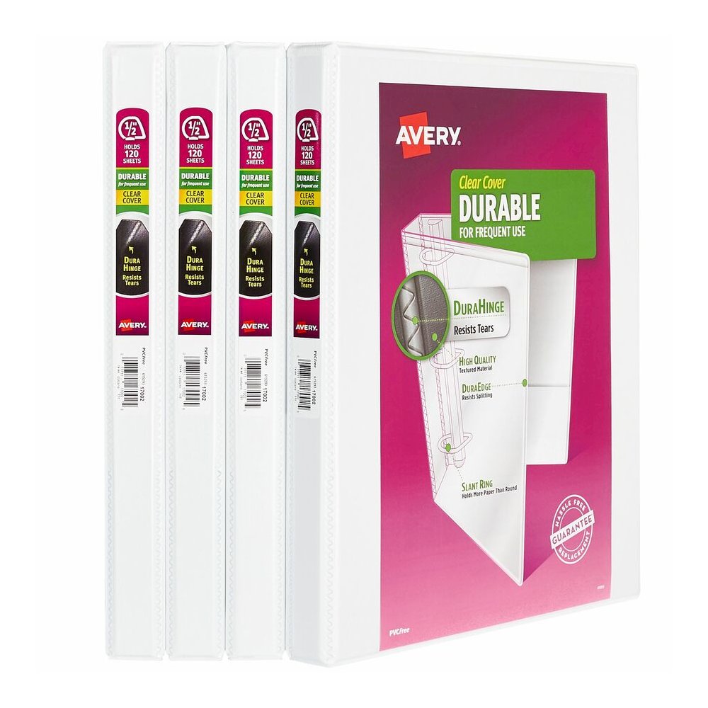 Avery Durable View 3 Ring Binders, 0.5" Slant Rings, 4 White Binders - Avery&reg; Durable View 3 Ring Binders, 0.5" Slant Rings, 4 White Binders (03362). Picture 2