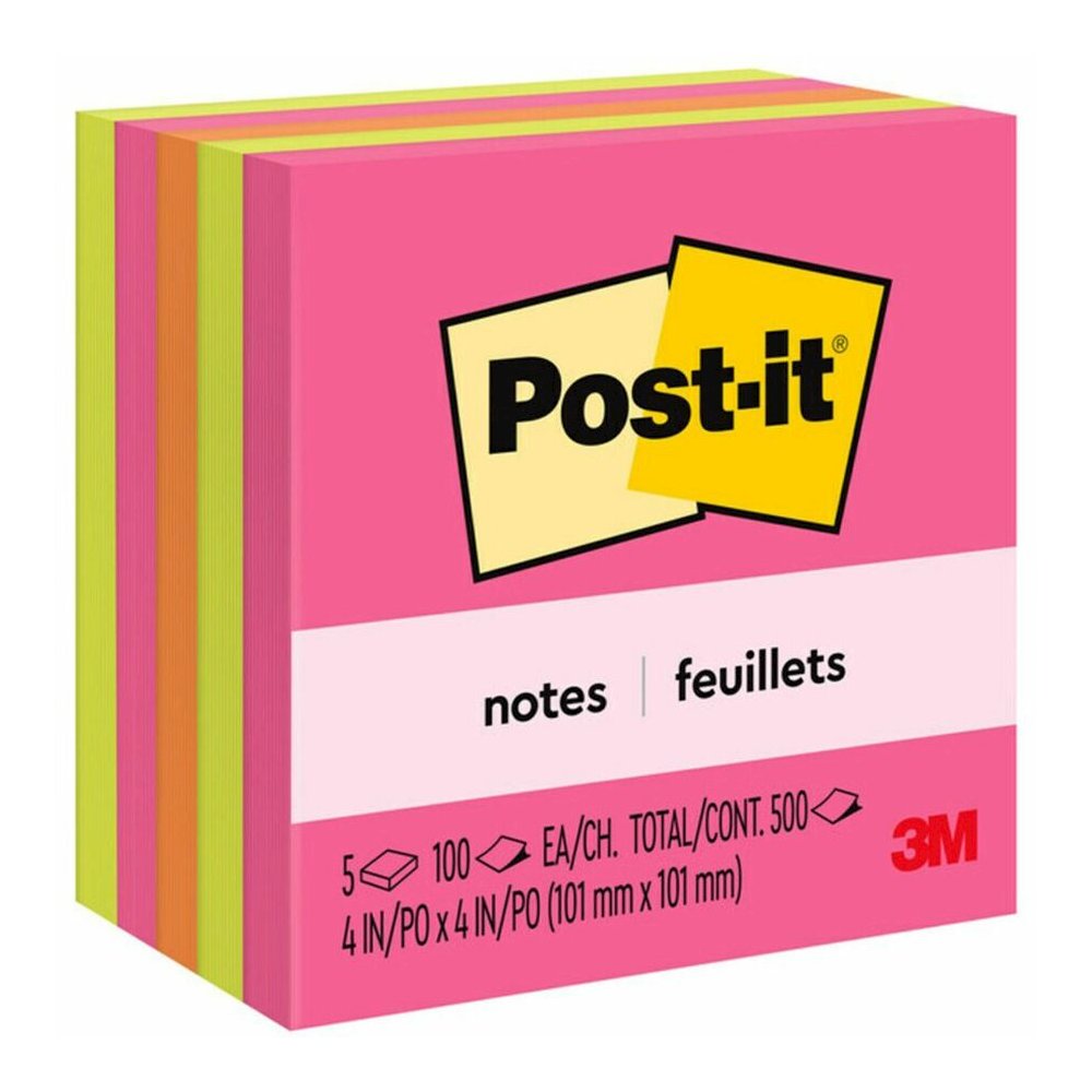 Post-it&reg; Notes - Poptimistic Color Collection - 4" Flag/Note Width x 4" Flag/Note Length - Square - 100 Sheets per Pad - Fuchsia, Neon Green, Neon Orange - Repositionable, Self-adhesive - 1 Pack. Picture 2