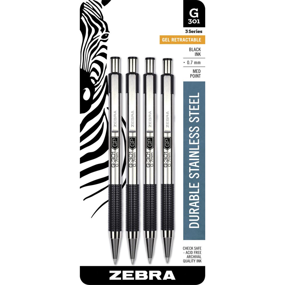 Zebra Pen STEEL 3 Series G-301 Retractable Gel Pen - Refillable - Retractable - Black Ink - Gel-based - Metal Barrel - 4 / Pack. Picture 2
