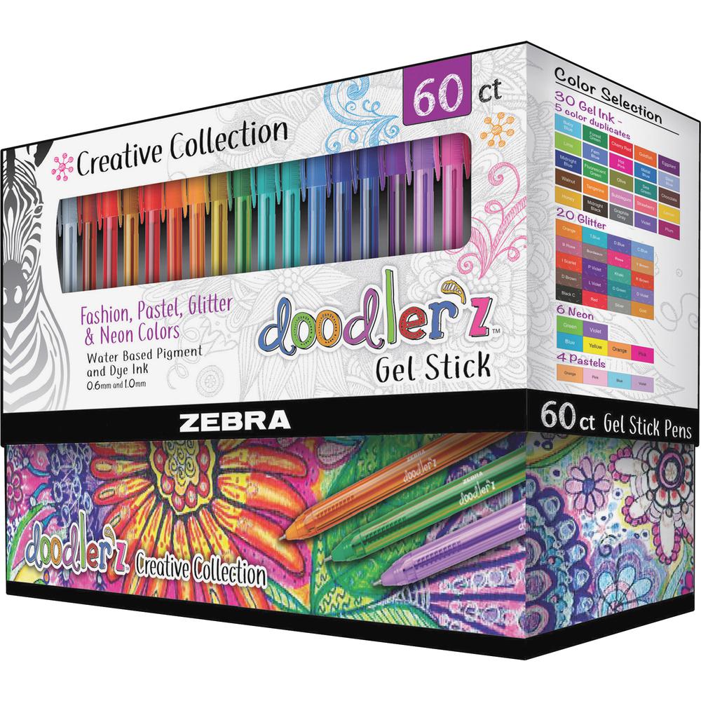 Zebra Pen Doodler'z Gel Stick Pens - Metallic, Neon, Assorted Ink - Water Based, Dye-based, Pigment-based - Translucent Barrel - 60 / Pack. Picture 2