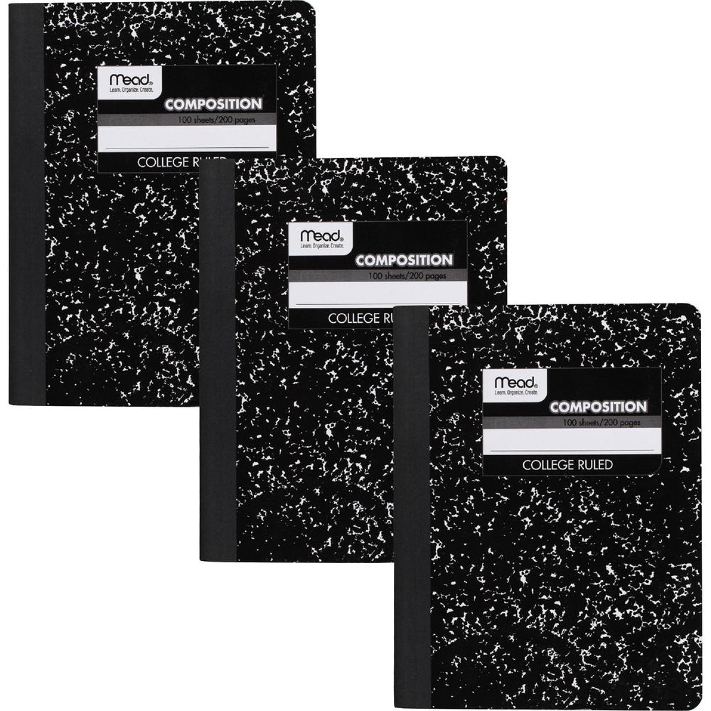 Mead College Ruled Comp Book - 100 Sheets - Sewn - 9 3/4" x 7 1/2" Sheet Size - 9" Height x 7" Width x 0.5" Length - White Paper - Black Marble Cover - Multiplication Table, Conversion Table, Sturdy C. Picture 2