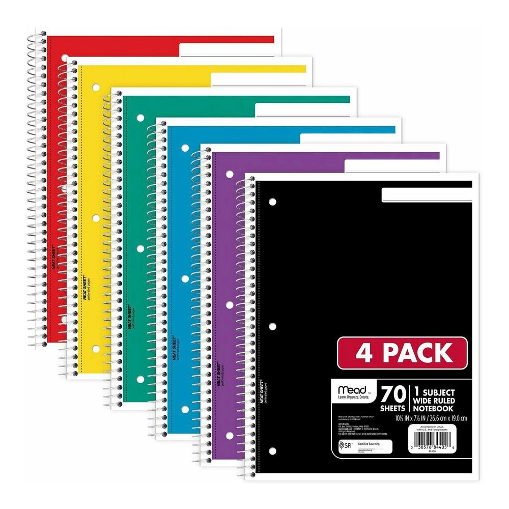Mead 1 Subject Wide Ruled Spiral Notebook - 70 Sheets - 140 Pages - Spiral Bound - 3 Hole(s) - 10 1/2" x 8" Sheet Size - 10" Height x 8" Width x 0.5" Length - White Paper - Assorted Cover - Durable Co. Picture 2