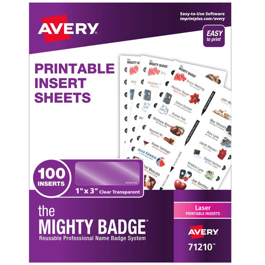The Mighty Badge&reg; by Avery&reg; The Mighty Badge Printable Insert Sheets, 100 Clear Inserts, Laser - Letter - 8 1/2" x 11" - Printable, Non-adhesive, Easy Peel, Reusable - Clear - 5 Sheets - 100 /. Picture 2