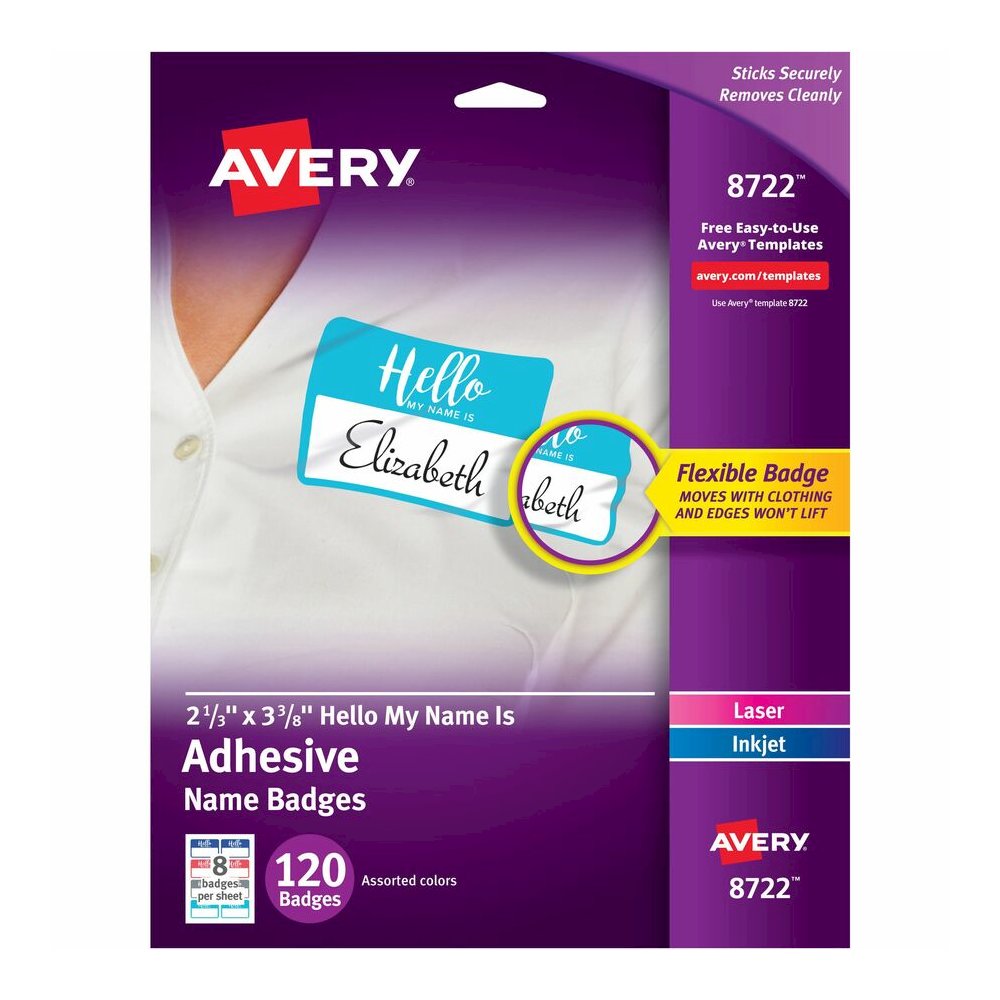 Avery&reg; Self-Adhesive Name Tags - Hello My Name Is - 11" Height x 8 1/2" Width - Removable Adhesive - Rectangle - Laser, Inkjet - Matte - White - Film - 8 / Sheet - 15 Total Sheets - 120 Total Labe. Picture 2