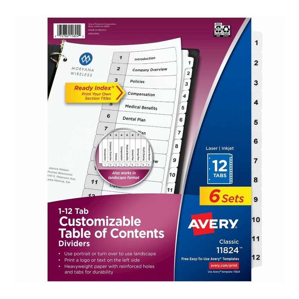 Avery Dividers, 12 Tabs, Ready Index (6 Sets of 11824) - 72 x Divider(s) - 72 Tab(s) - Digit - 1-12, Table of Contents - 12 Tab(s)/Set - 8.5" Divider Width x 11" Divider Length - 3 Hole Punched - Whit. Picture 4