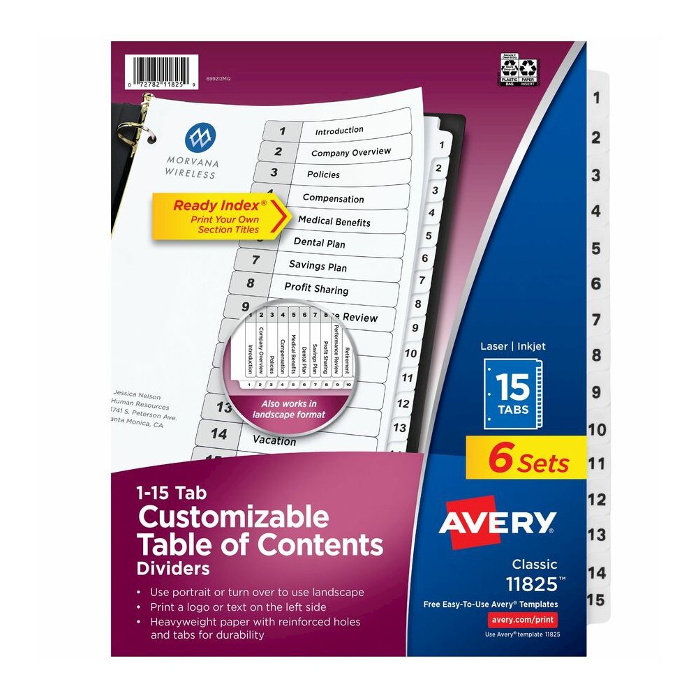 Avery Dividers, 15 Tabs, Ready Index (6 Sets of 11825) - 90 x Divider(s) - 90 Tab(s) - Digit - 1-15, Table of Contents - 15 Tab(s)/Set - 8.5" Divider Width x 11" Divider Length - 3 Hole Punched - Whit. Picture 4