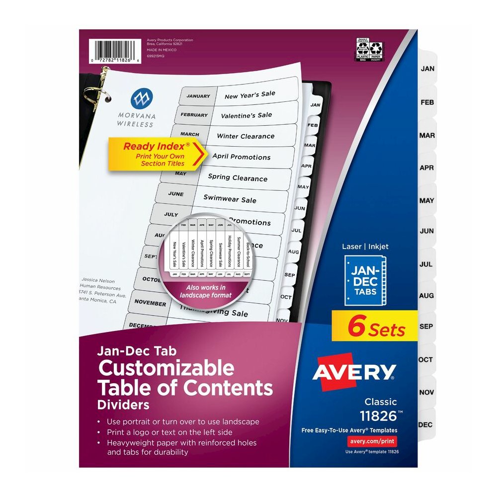 Avery Jan-Dec Dividers, 12 Tabs, Ready Index (6 Sets of 11826) - 72 x Divider(s) - 72 Tab(s) - Month - Jan-Dec, Table of Contents - 12 Tab(s)/Set - 8.5" Divider Width x 11" Divider Length - 3 Hole Pun. Picture 4