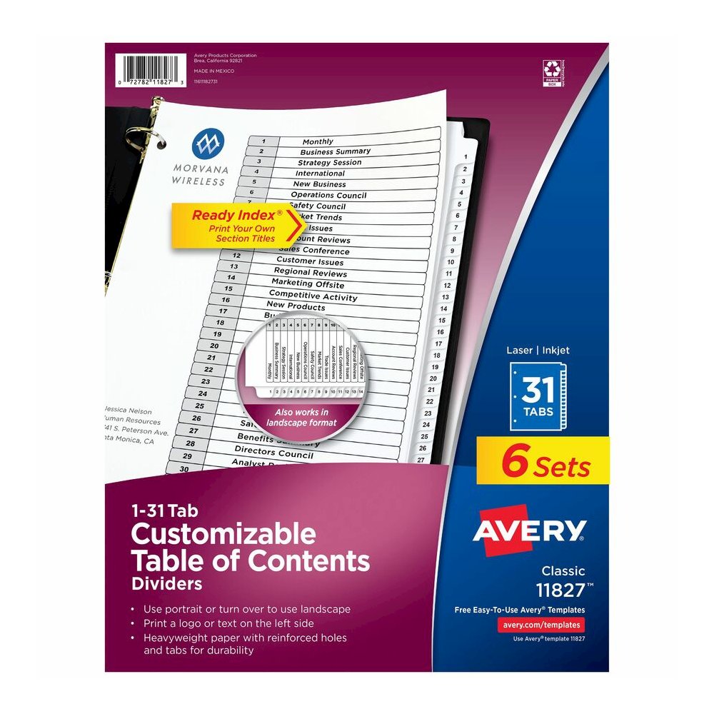 Avery 1-31 Dividers, 31 Tabs, Ready Index (6 Sets of 11827) - 186 x Divider(s) - 186 Tab(s) - Digit - 1-31, Table of Contents - 31 Tab(s)/Set - 8.5" Divider Width x 11" Divider Length - 3 Hole Punched. Picture 3