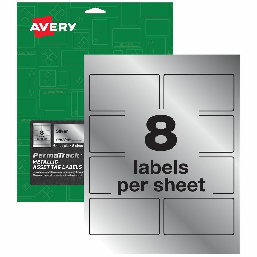 Avery&reg; PermaTrack Metallic Asset Tag Labels, 2" x 3-3/4" , 64 Asset Tags - Waterproof - 2" Width x 3 3/4" Length - Permanent Adhesive - Rectangle - Laser - Silver - Film - 8 / Sheet - 8 Total Shee. Picture 2