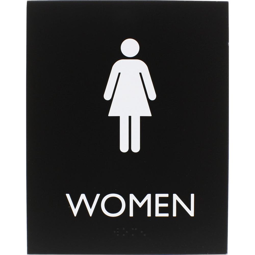 Lorell Women's Restroom Sign - Print/Message "Women" - 6.4" Width x 8.5" Height - Rectangular Shape - Surface-mountable - Easy Readability, Braille - Plastic - Black - 1 Each. Picture 5