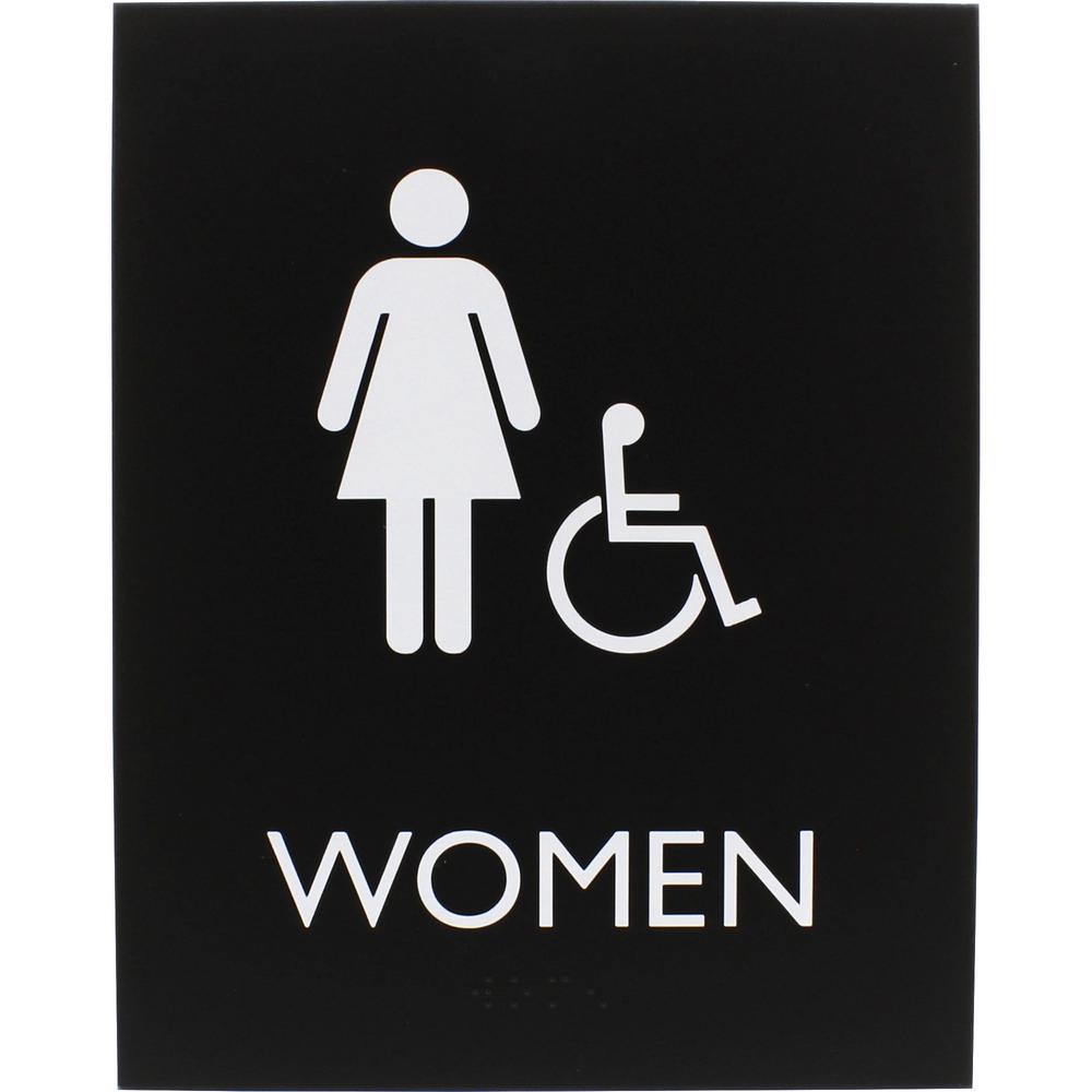 Lorell Women's Handicap Restroom Sign - Print/Message "Women" - 6.4" Width x 8.5" Height - Rectangular Shape - Surface-mountable - Easy Readability, Braille - Plastic - Black - 1 Each. Picture 2