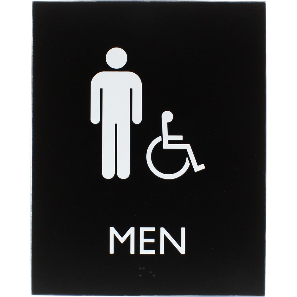 Lorell Men's Handicap Restroom Sign - Print/Message "Men" - 6.4" Width x 8.5" Height - Rectangular Shape - Surface-mountable - Easy Readability, Braille - Plastic - Black - 1 Each. Picture 6
