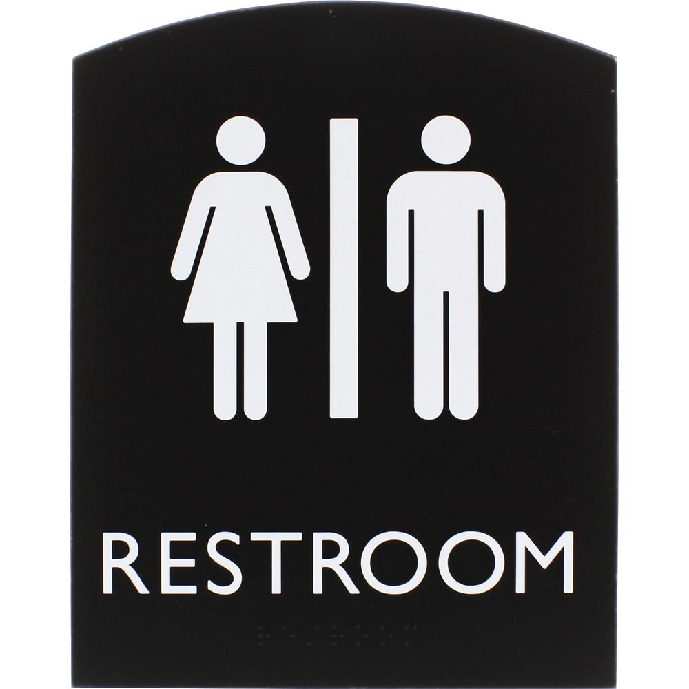 Lorell Arched Unisex Restroom Sign - 6.8" Width x 8.5" Height - Rectangular Shape - Surface-mountable - Easy Readability, Braille - Plastic - Black - 1 Each. Picture 2