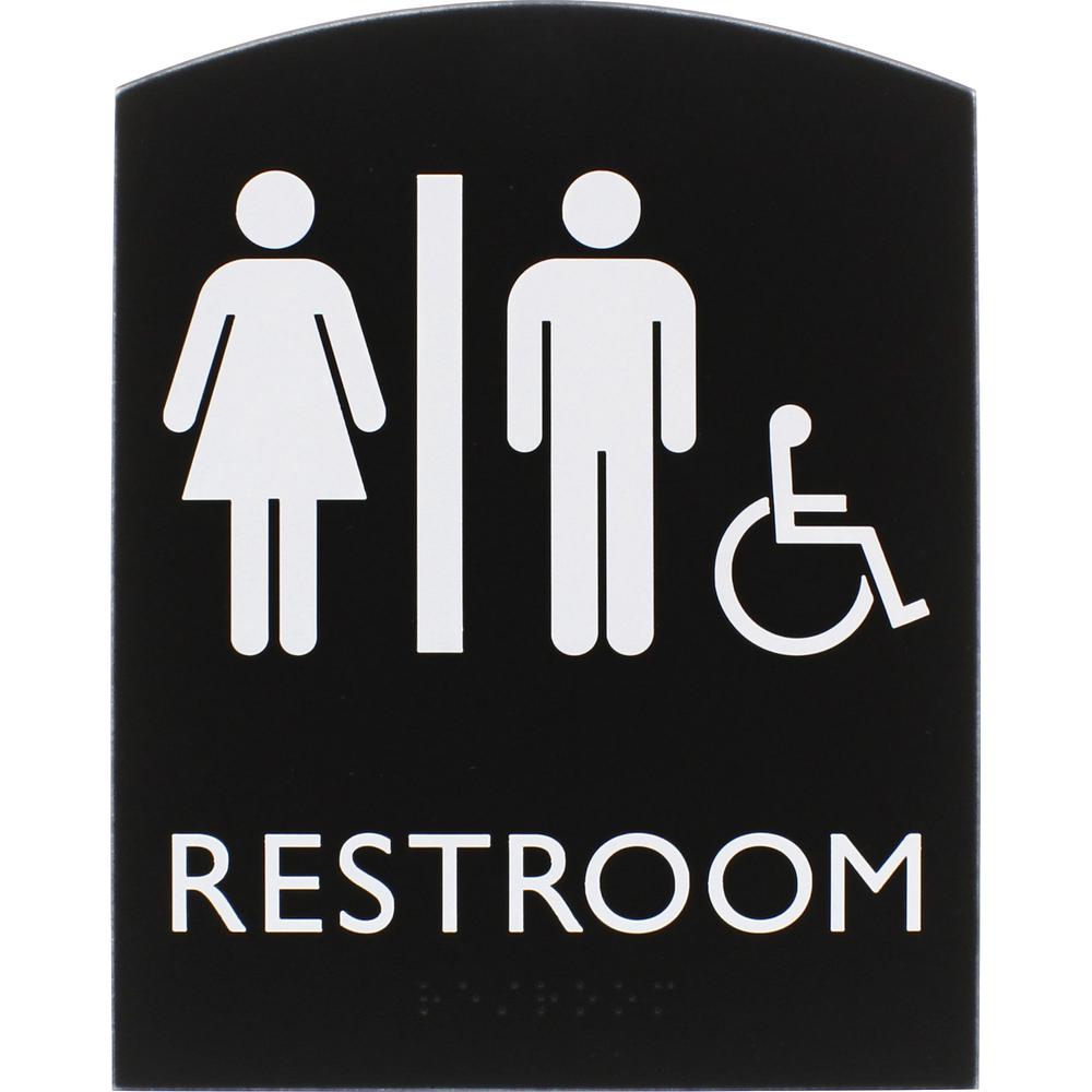 Lorell Arched Unisex Handicap Restroom Sign - 6.8" Width x 8.5" Height - Rectangular Shape - Surface-mountable - Easy Readability, Braille - Plastic - Black - 1 Each. Picture 2