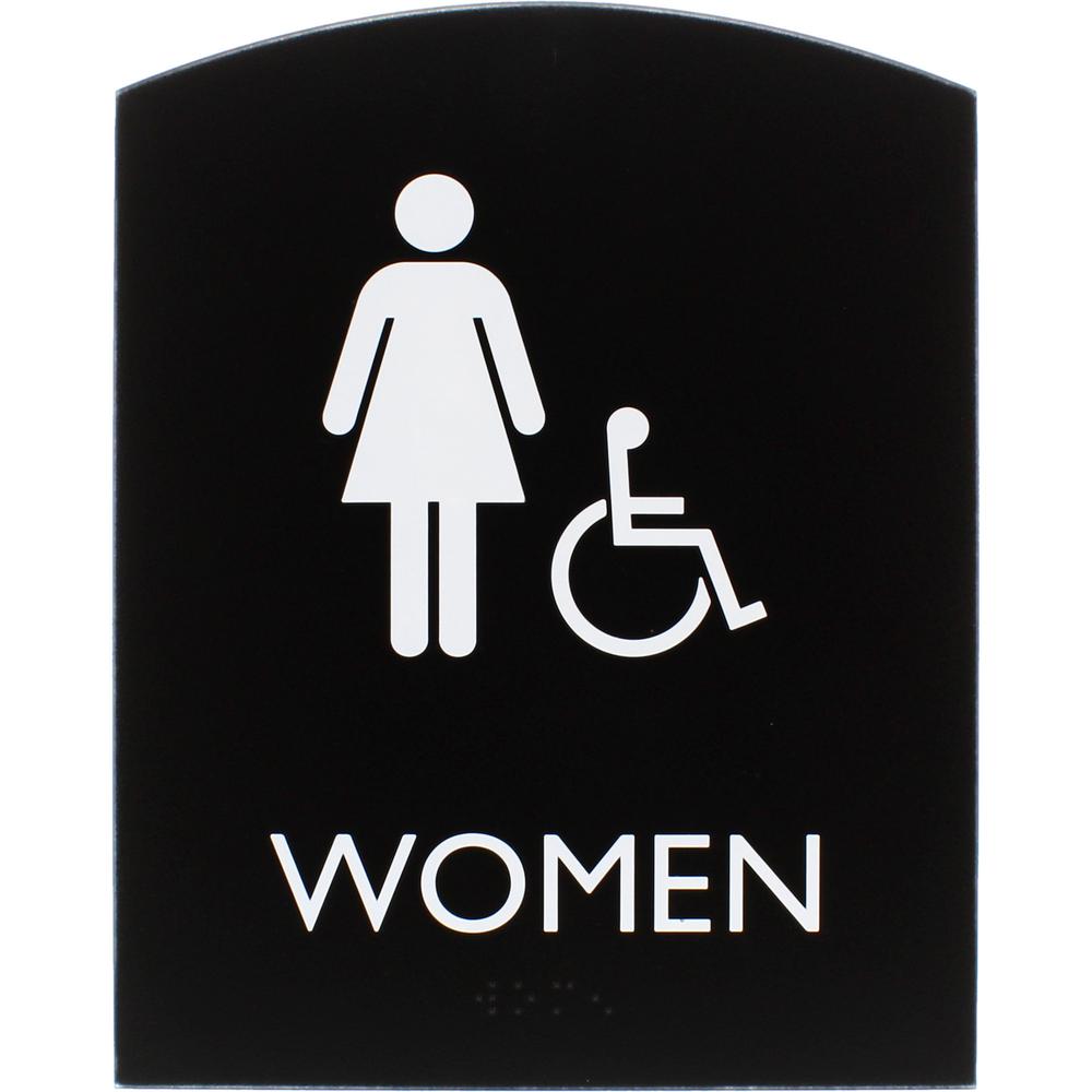 Lorell Arched Women's Handicap Restroom Sign - Print/Message "Women" - 6.8" Width x 8.5" Height - Rectangular Shape - Surface-mountable - Easy Readability, Braille - Plastic - Black - 1 Each. Picture 6